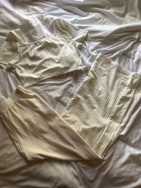 SHEIN Cream Ribbed Crop Top & High-Waist Pants Set